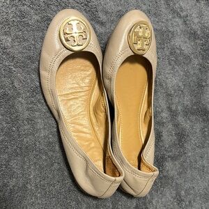 Tory Burch Beige Leather Flats with Gold Logo
